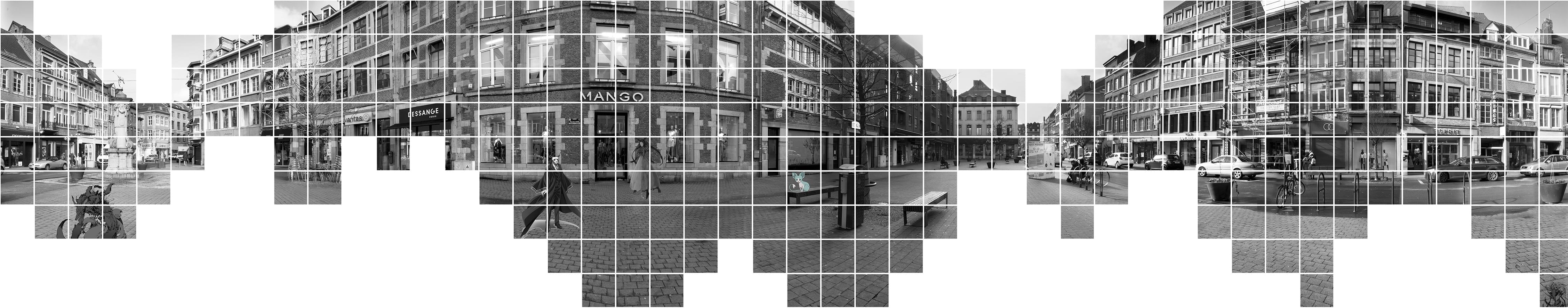 Photo 360 designer en noir et blanc + grillage + inscrustation de personnage