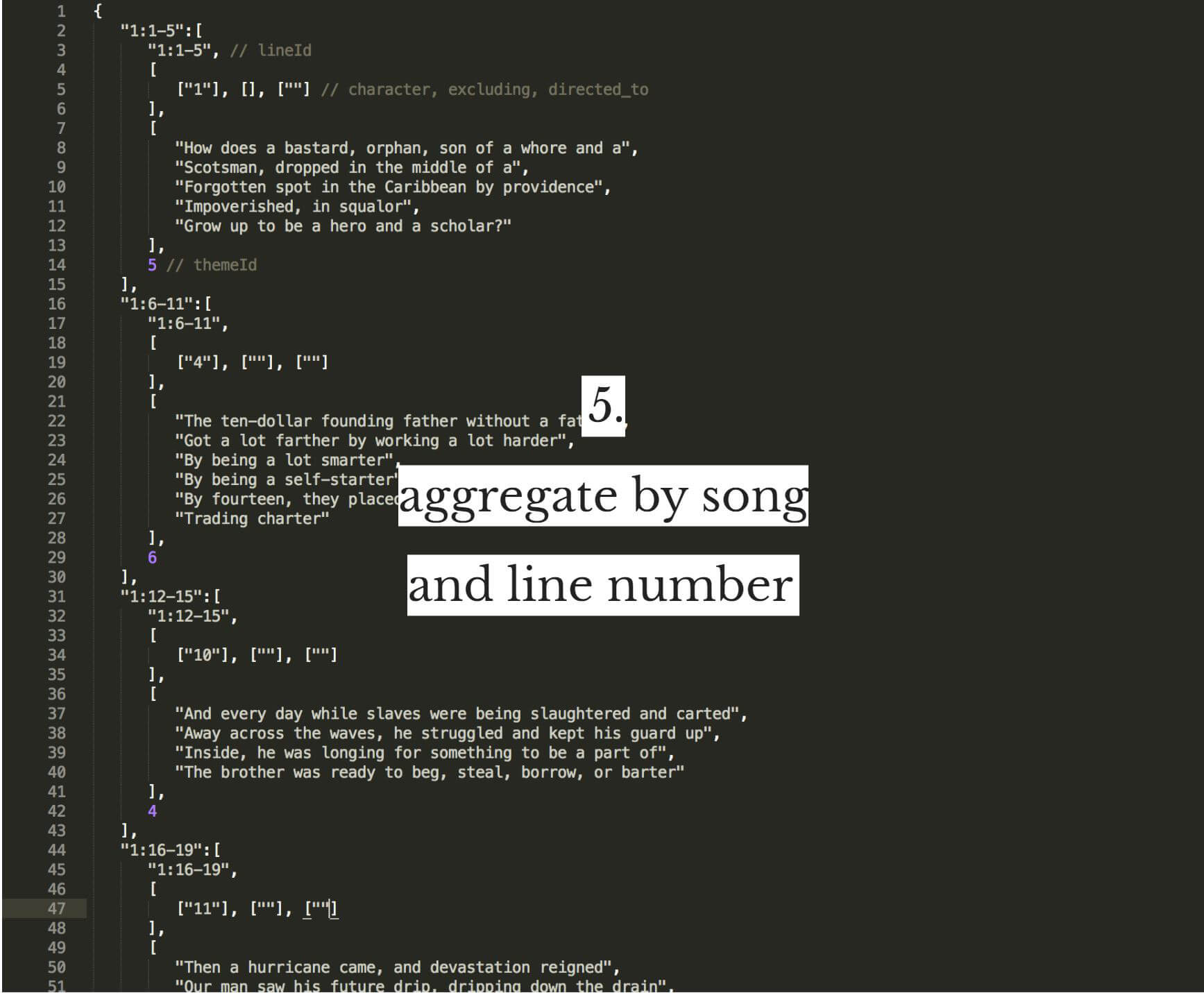 5. aggregate by song and line number
